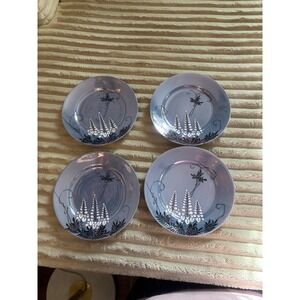 Set of 4 Vintage Japanese Plates Blue Floral Design Small Dessert Appetizer